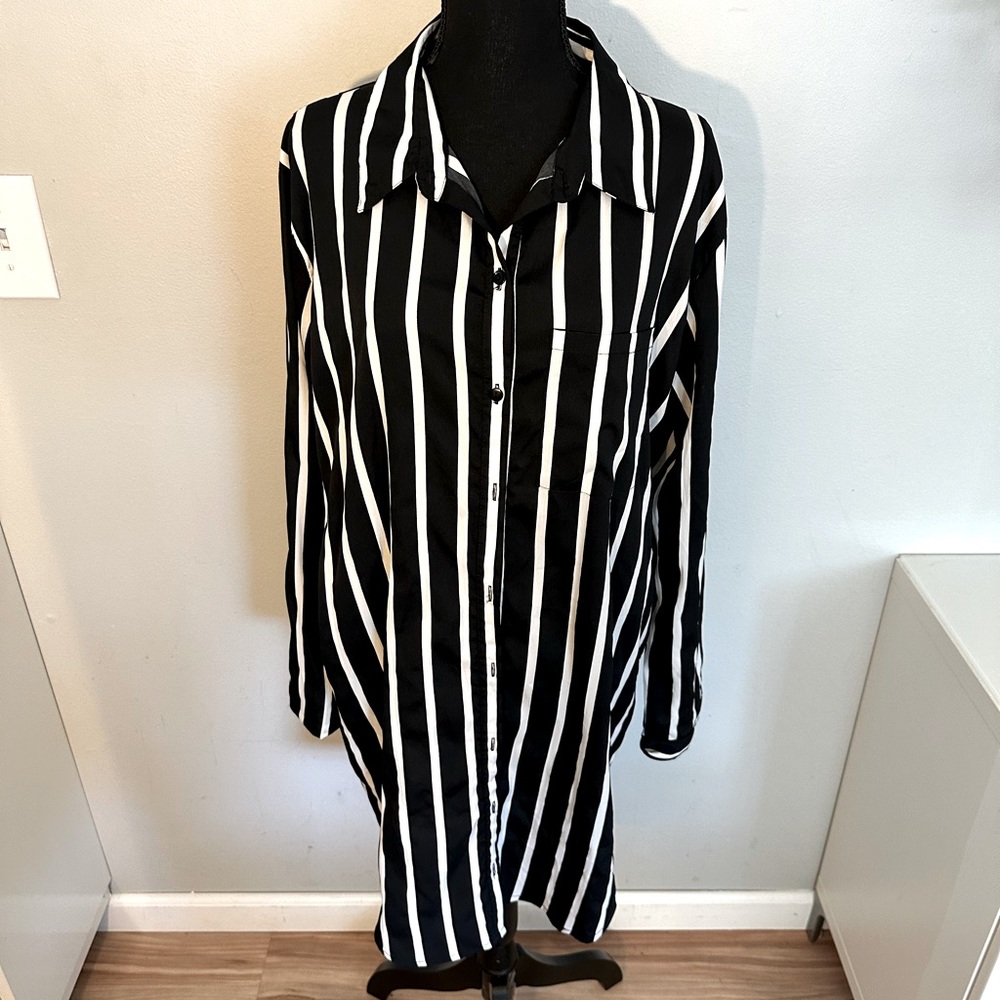 Boohoo black and white striped shirt dress.
